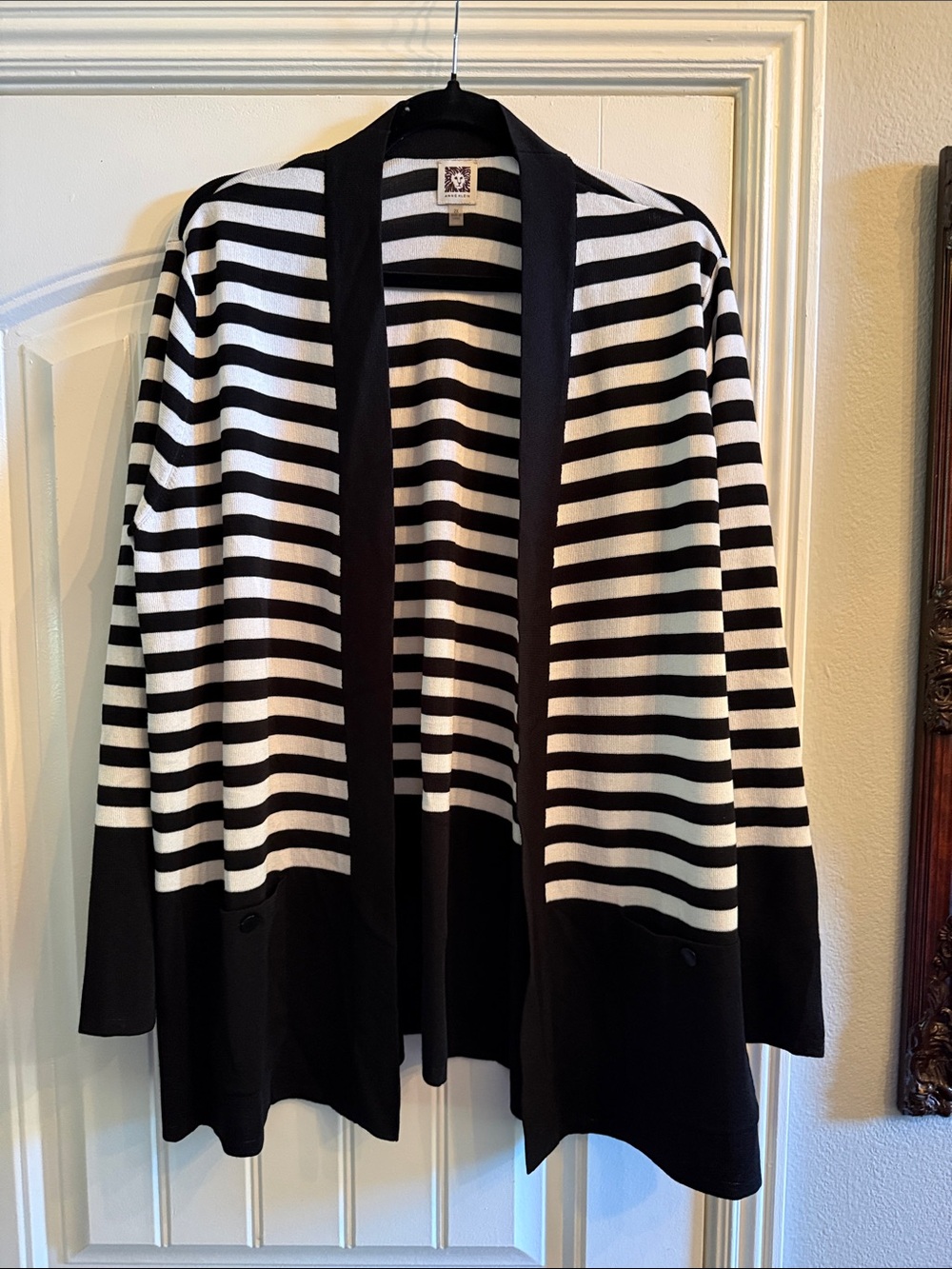 Anne Klein Black and White Striped Open-Front Cardigan